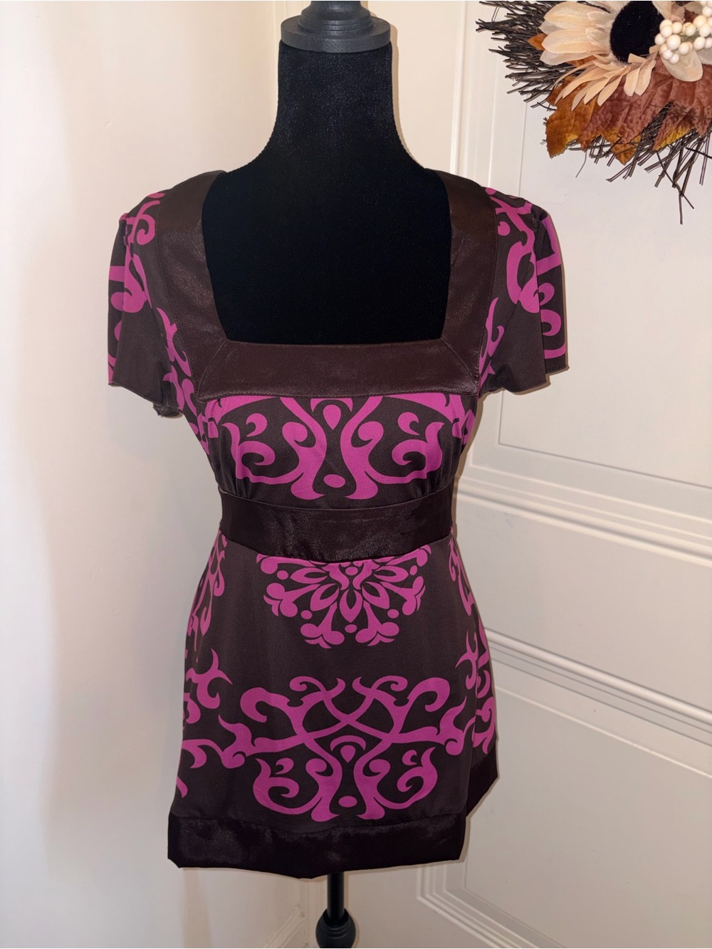 INC International Concepts Brown Top with Pink Baroque Print